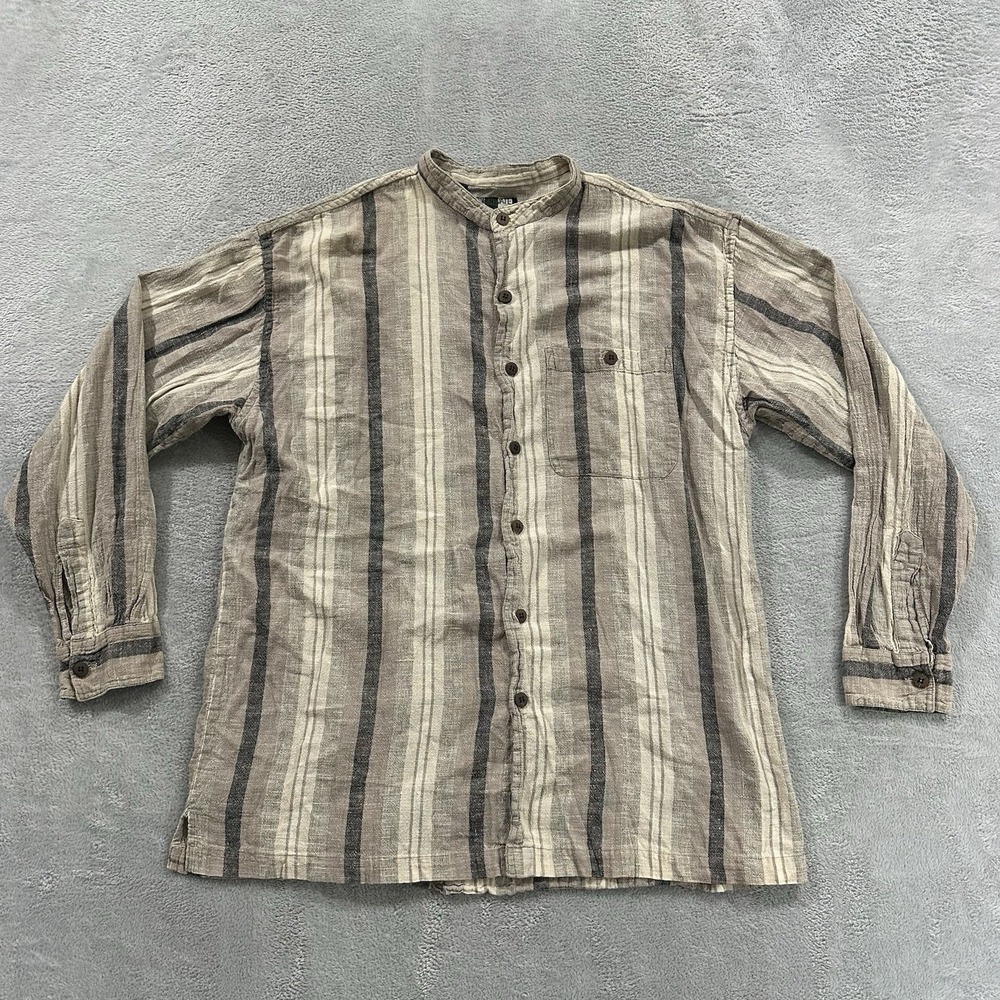 In Private Button Shirt Men's Large Striped Long Sleeve Collarless Grandad Neck